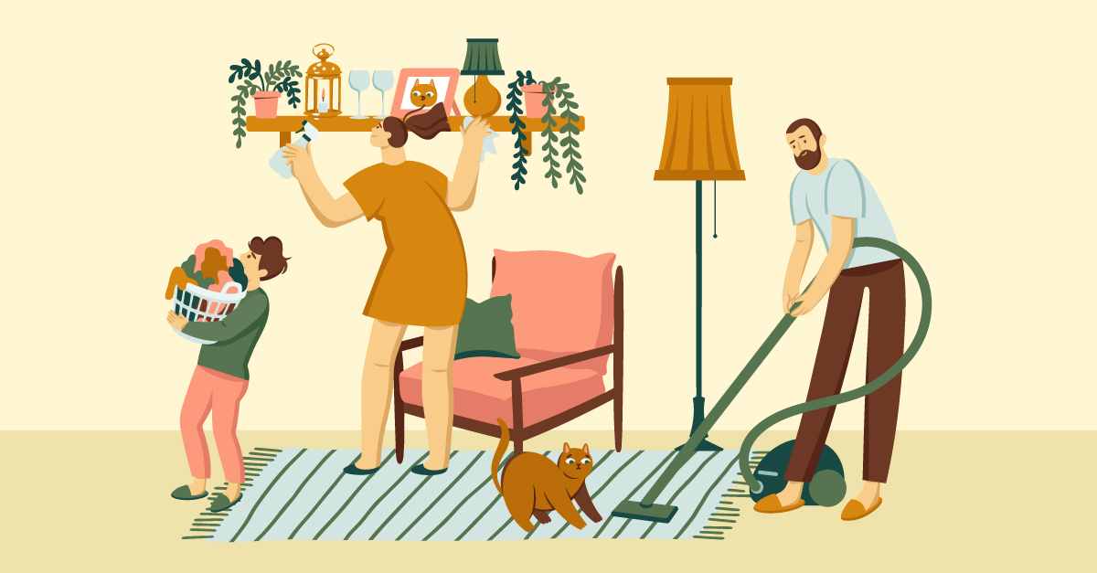 Family doing house cleanup